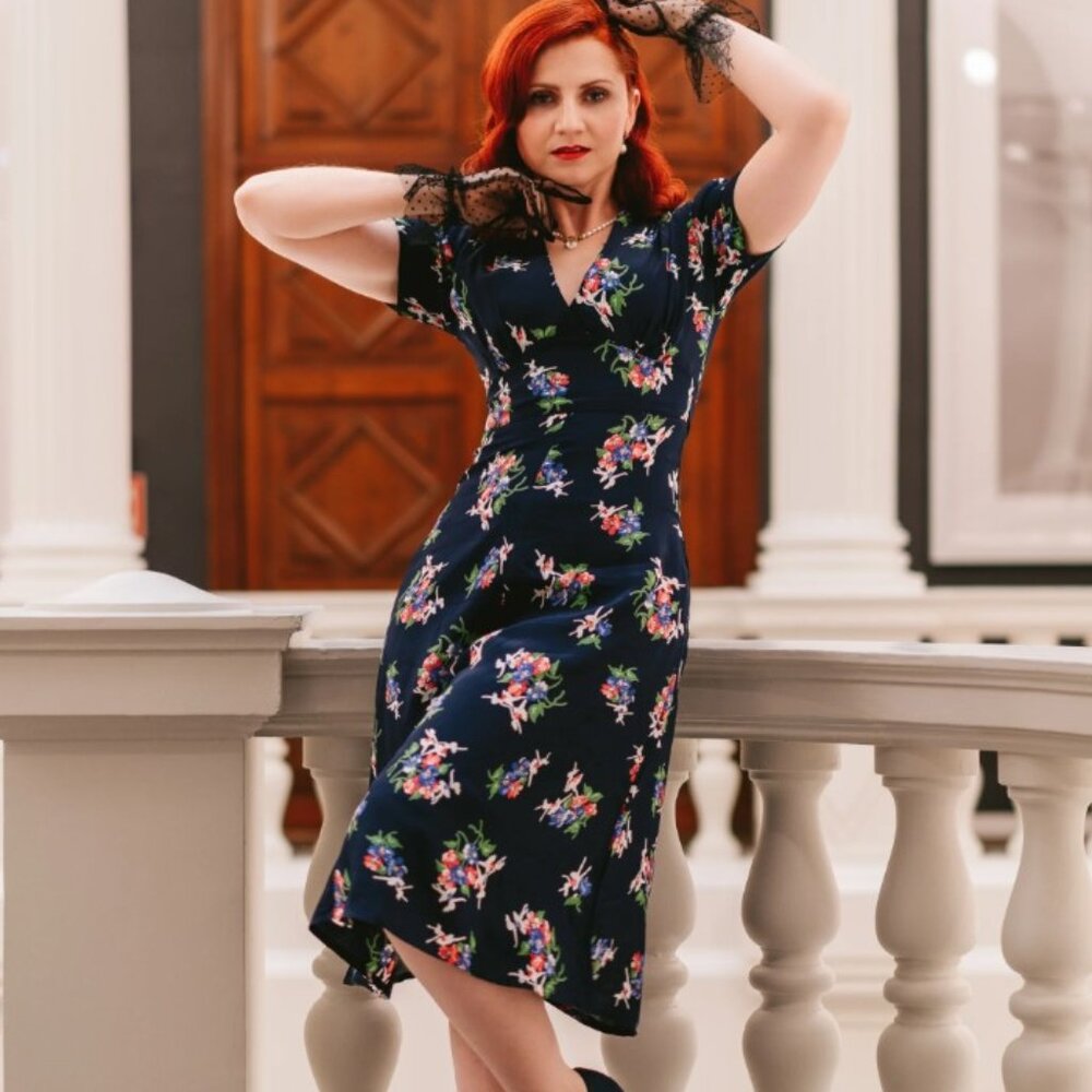 Seamstress of Bloomsbury 12 Navy Blue Floral Dress 1940s Vintage Retro WW2